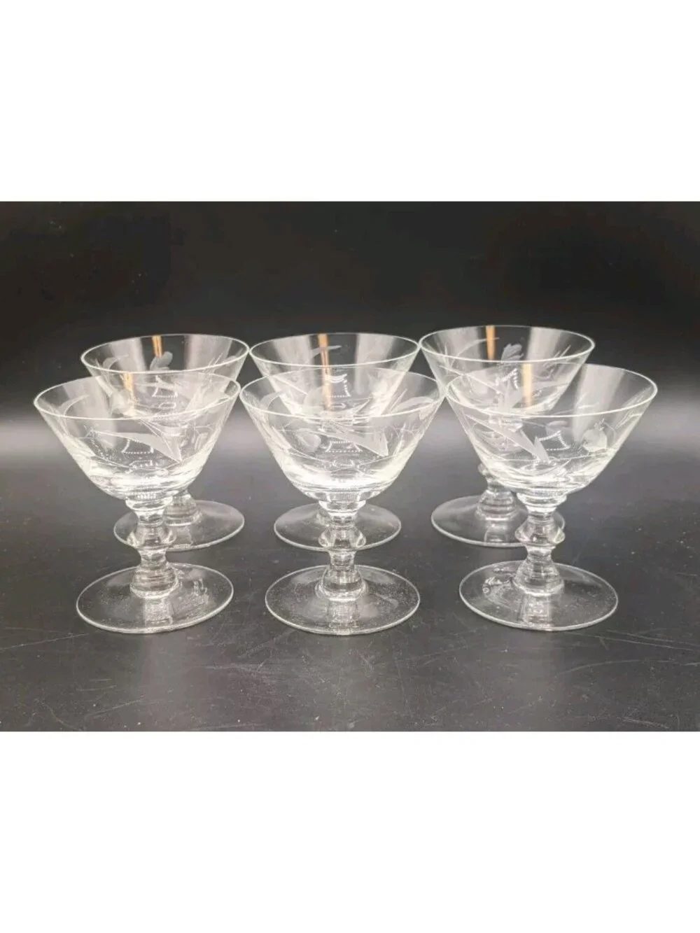 Vtg Cocktail Glasses Champagne Sherbets Set of 6 Clear Etched Floral 4 oz NOS